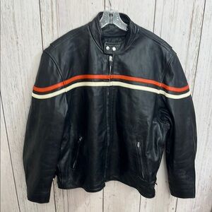 Interstate Leather 100% Black Orange Varsity Bomber Motorcycle Jacket Striped